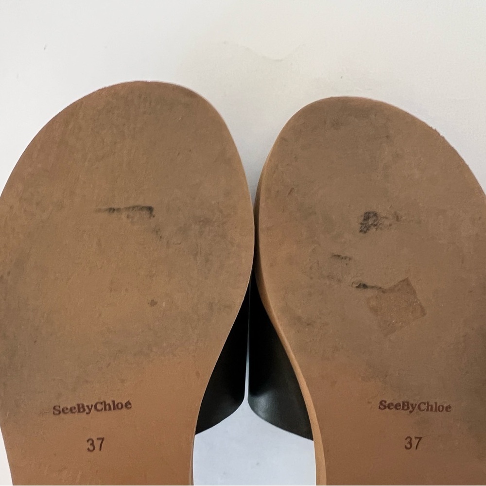 See by Chloé Essie Black Leather Mule Sandals with Tan Soles, size 37 - Picture 10 of 13